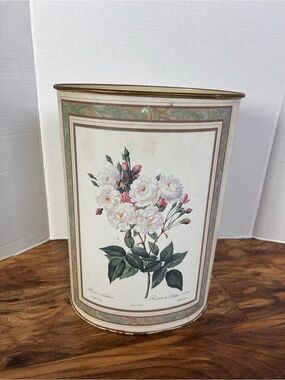 Vintage MCM Floral Rose Botanical Metal Wastebasket Rosa Noisettiana